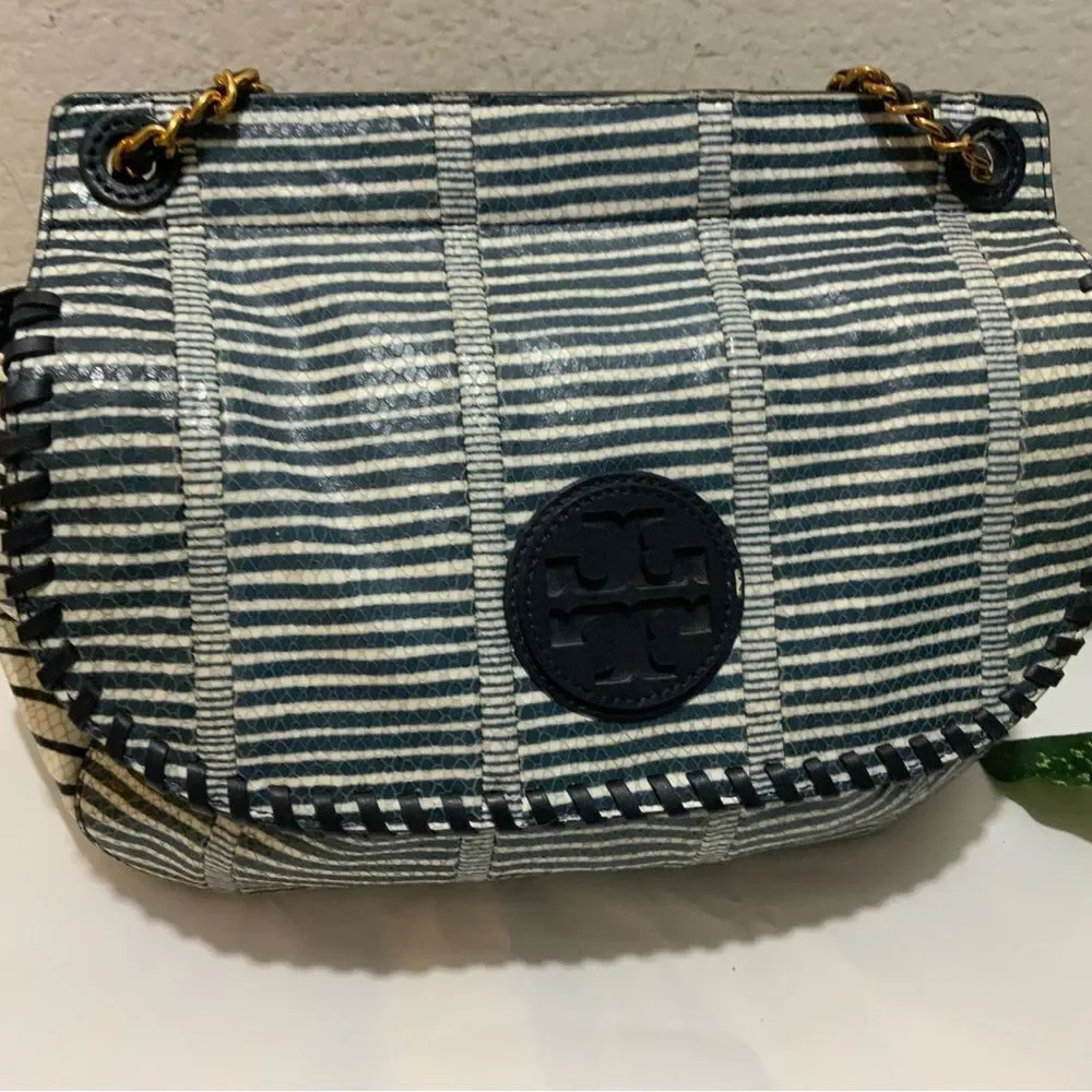 TORY BURCH MARION PATCHWORK SADDLEBAG Blue white liknew - Picture 10 of 16